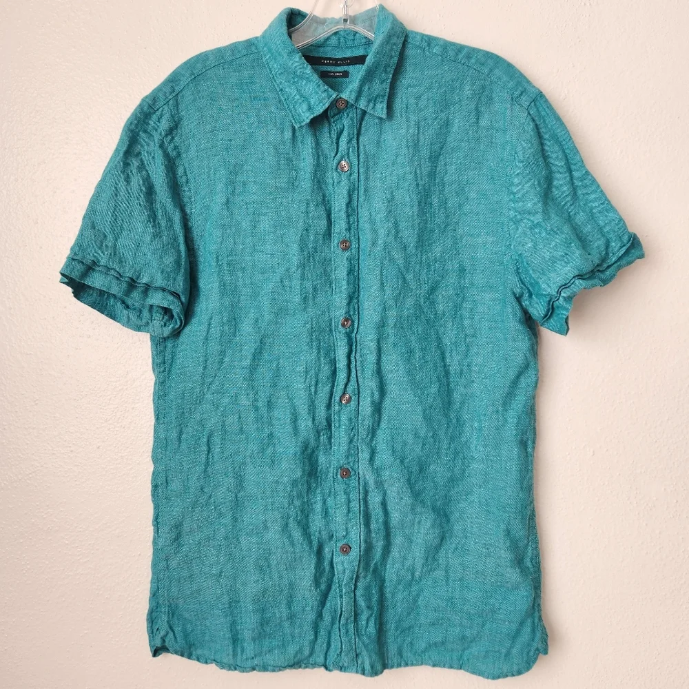 Perry Ellis 100% Linen Short Sleeve Button Down Turquoise  Shirt Mens S - Picture 2 of 12